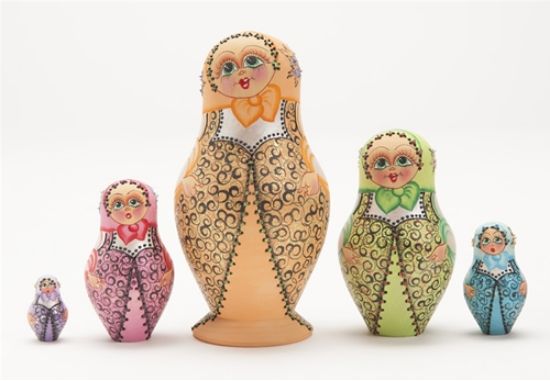 Picture of Russian Multicolor Wooden Ladies with Bow Matryoshka