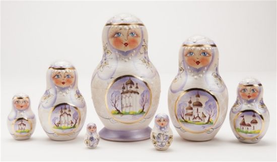 Picture of Russian Wooden White Matryoshkas with Churches