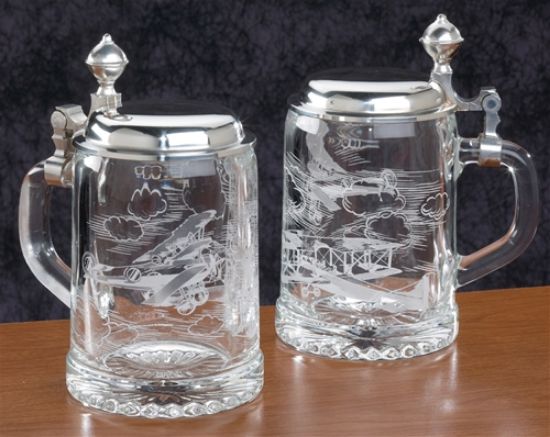 Picture of german Glass Etched Plane Stein with Pewter Lid 