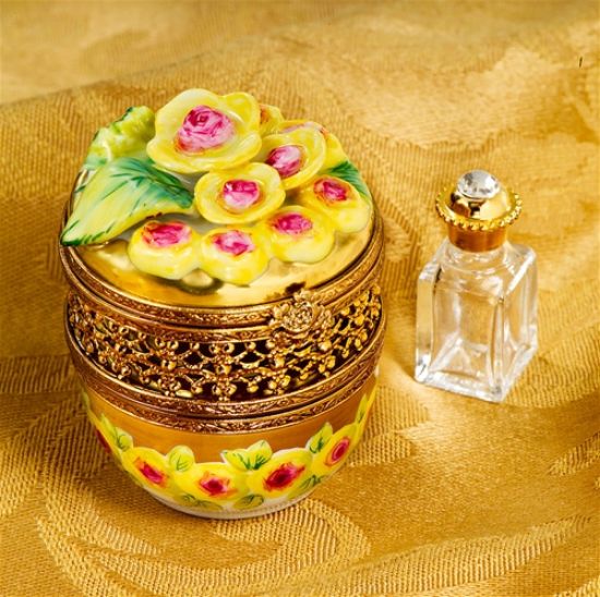 Picture of Limoges Yellow Roses Symphony  Round Box with Bottle 