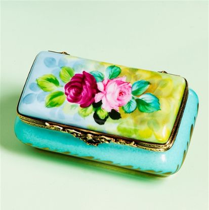 Picture of Limoges Pink and Yellow Rose on Turquoise Chest Box