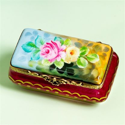 Picture of Limoges Spring Yellow and Pink Roses on Burgundy Box