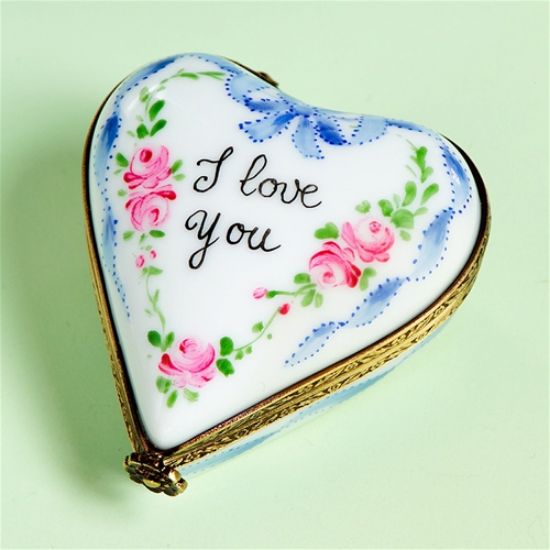 Picture of Limoges I Love You Heart with blue Ribbons and Pink Roses Box