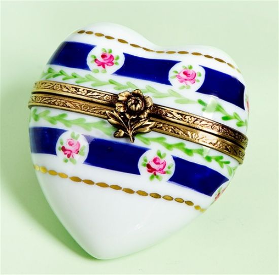 Picture of Limoges I Love You Blue Stripes and Pink Roses Heart Box 