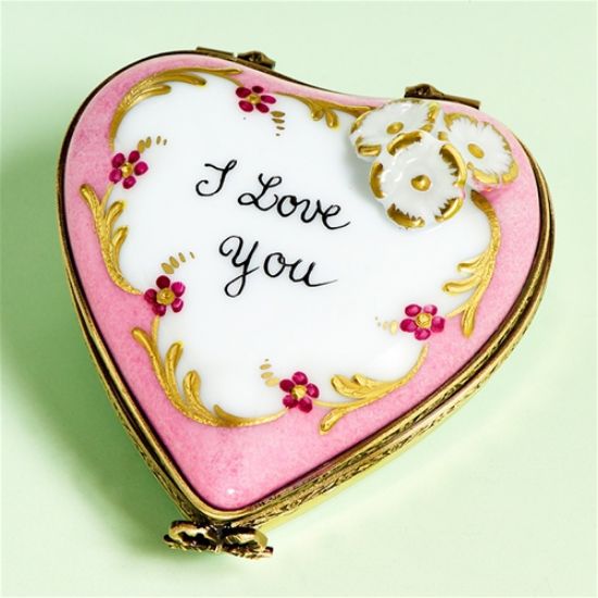 Picture of Limoges I Love you Pink Heart with White Gold Flowers Box