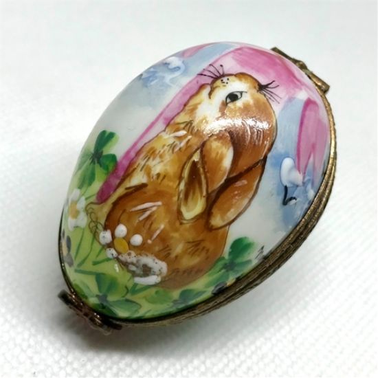 Picture of Limoges Brown Rabbit Pink Ribbon Easter Egg Box 