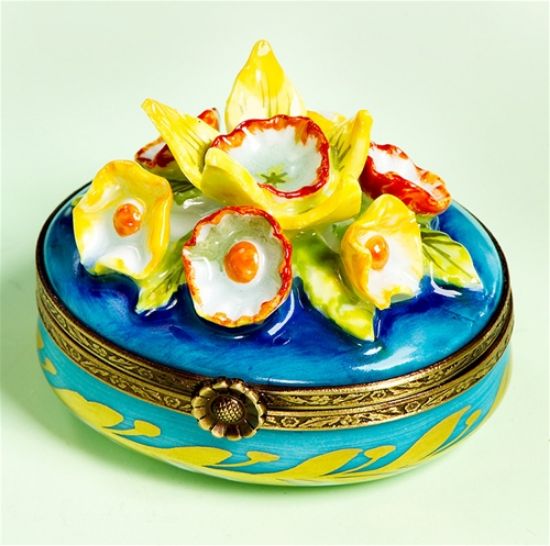 Picture of Limoges Yellow Flowers on Blue and Gold Box 