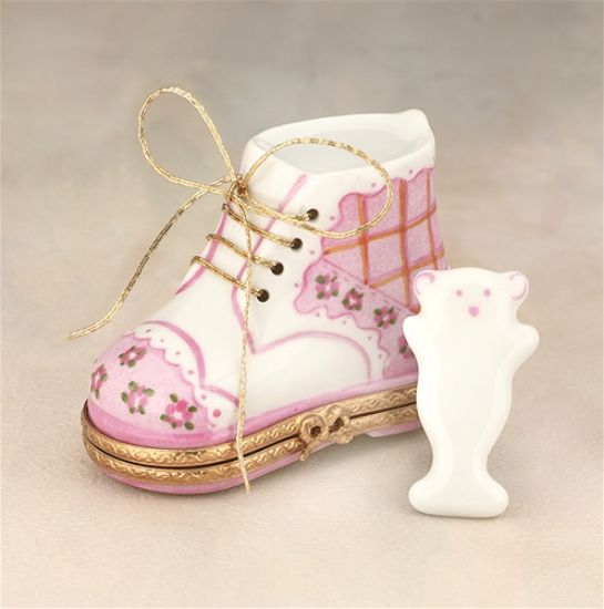 Picture of Limoges Pink Baby Shoe Box  with Teddy