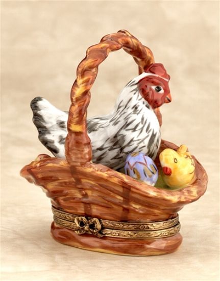 Picture of Limoges Hen and Chicken in Wicker Basket Box