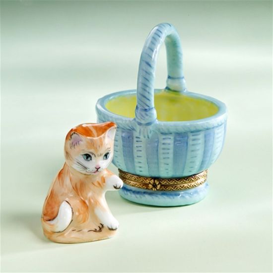 Picture of Limoges Orange Cat in Blue Basket Box