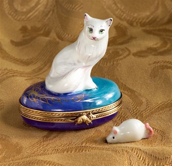 Picture of Limoges White Cat with Mouse Box