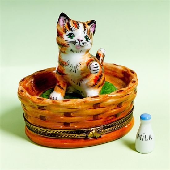 Picture of Limoges Orange Cat in Basket Box with Milk 
