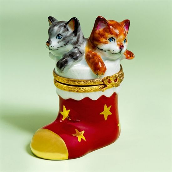 Picture of Limoges Orange and Gray Cats in Christmas Boot Box