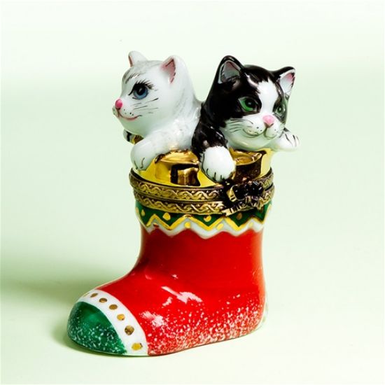 Picture of Limoges Black and White Cat in Christmas Boot Box