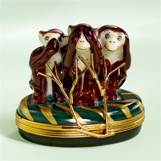 Picture of Limoges Three Monkeys Hear, See, Speak no Evil Box with Branches. 