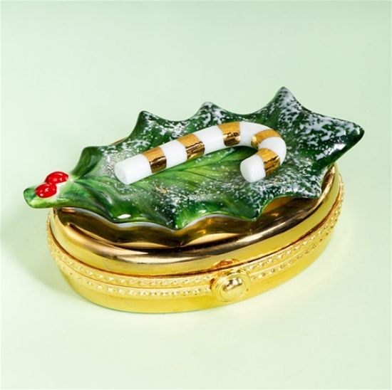 Picture of Limoges Gold White Candy Cane on Holly Leaf Box