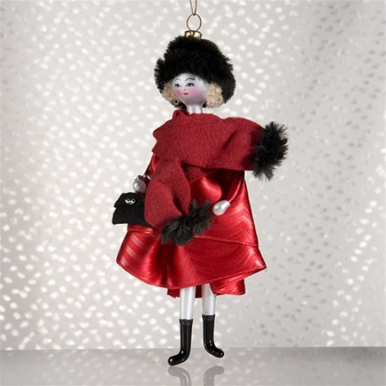 Picture of De Carlini Lady in Red Cape Black Hat and Purse Ornament