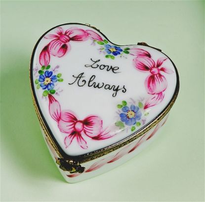 Picture of Limoges "Love Always"  Pink Ribbon Blue Flowers Heart Box