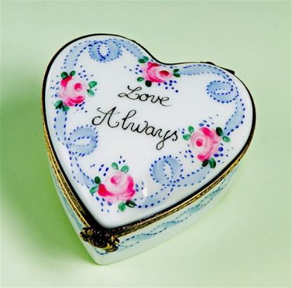 Picture of Limoges "Love Always" Heart with Blue Ribbons and Roses Box