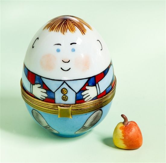 Picture of Limoges Humpty Dumpty in Blue Egg box with Apple