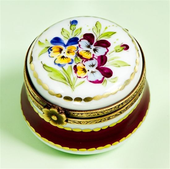 Picture of Limoges Pansies Box on Burgundy Round Base
