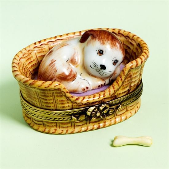 Picture of Limoges Brown Puppy in Basket box with Bone