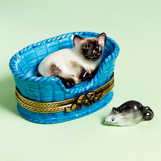Picture of Limoges Siamese Cat in Basket Box with Mouse