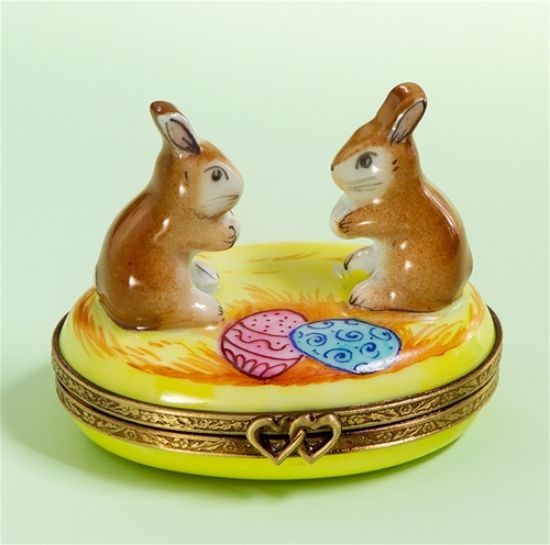 Picture of Limoges Brown Easter Bunnies on Hay with Easter Eggs Box