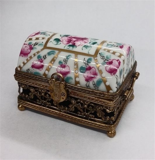 Picture of Limoges Pink Roses Brass Chest Box