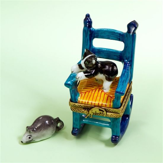 Picture of Limoges Black Cat on Blue Chair Box with Mouse 