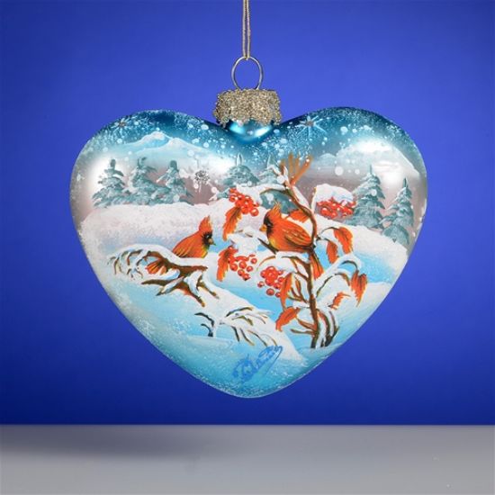 Picture of Cardinals Heart Russian Glass Christmas Ornment