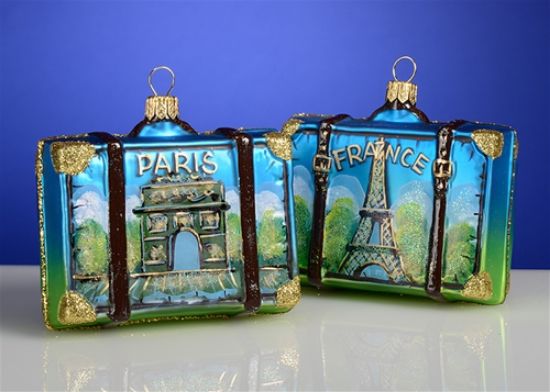 Picture of Paris France Suitcase Polish glass Christmas Ornament, Each.