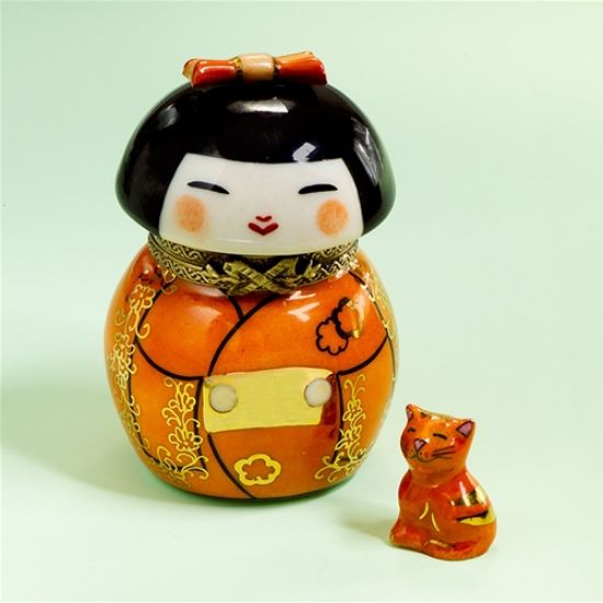 Picture of Limoges Kokeshi Doll in Red and Gold Box with Cat