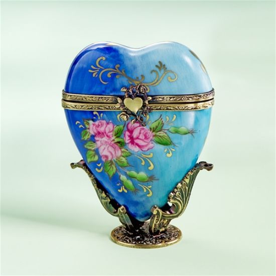 Picture of Limoges Blue Heart on Stand with Pink Roses Box