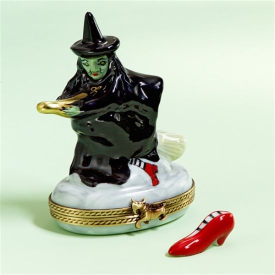 Picture of Limoges Halloween Witch on Broom Box with red Shoe