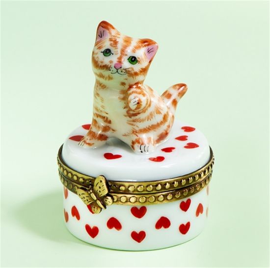 Picture of Limoges Orange Cat on Box with Red Hearts