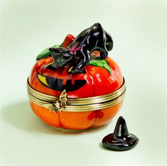 Picture of Limoges Halloween Pumpkin with Black Cat Box and Hat 