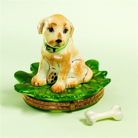 Picture of Limoges Puppy on Leaf Box with Bone