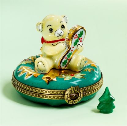 Show details for Limoges Teddy on Wreath with Brush Box and Tree Picture of Limoges Teddy on Wreath with Brush Box and Tree