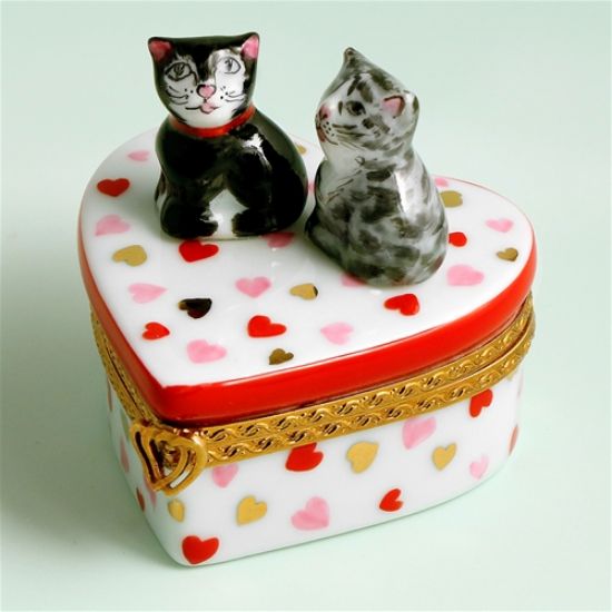 Picture of Limoges Black and Gray Cats on Heart with Hearts Box