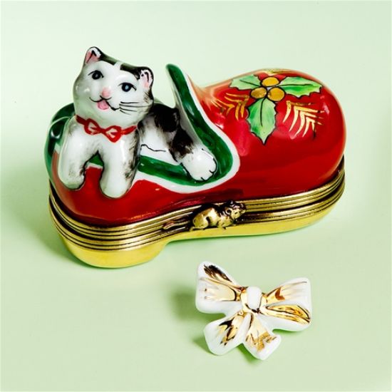 Picture of Limoges Black Cat in Holiday Shoe Box with Bow
