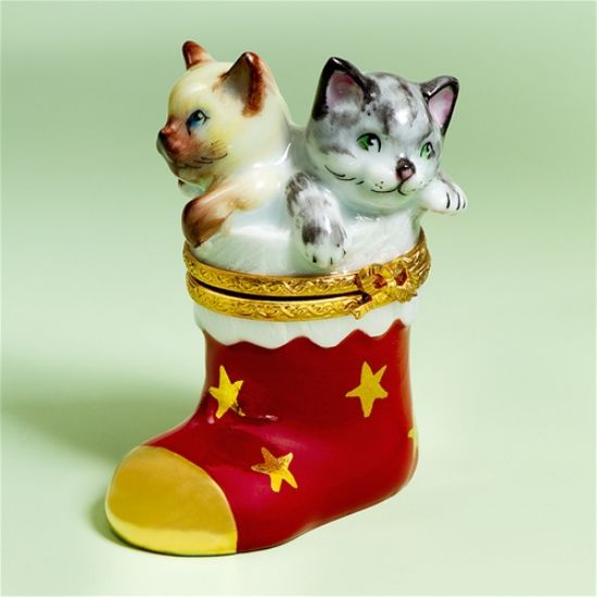 Picture of Limoges Siamese and Gray Cat in Christmas Boot Box.
