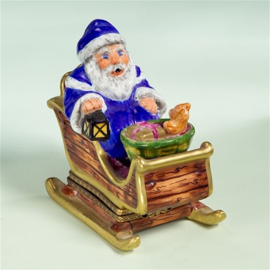 Picture of Limoges Blue Santa on Wooden Sled Box