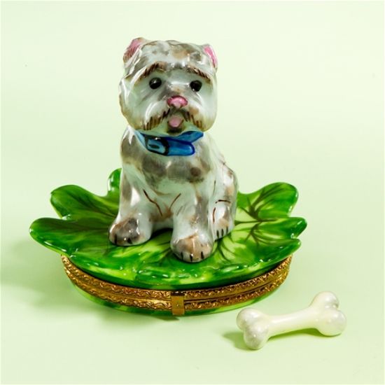 Picture of Limoges Gray Puppy on Leaf with Bone Box