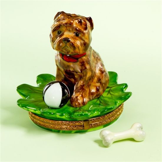 Picture of Limoges Brown Puppy on Leaf with Ball Box and Bone