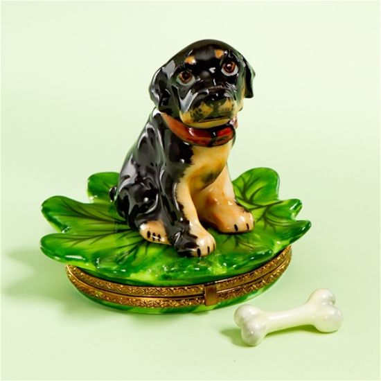 Picture of Limoges Puppy on Leaf Box with Bone.