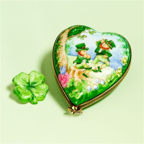 Picture of Limoges Leprechauns Heart Box with Clover 