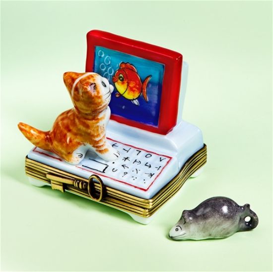 Picture of Limoges Orange Cat by Computer Box with Mouse