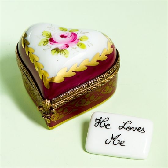 Picture of Limoges Burgundy Heart with a Rose Box and He Loves Me Card 