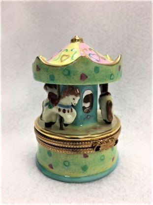 Show details for Limoges Green Pink Horses Carousel Box Picture of Limoges Green Pink Horses Carousel Box